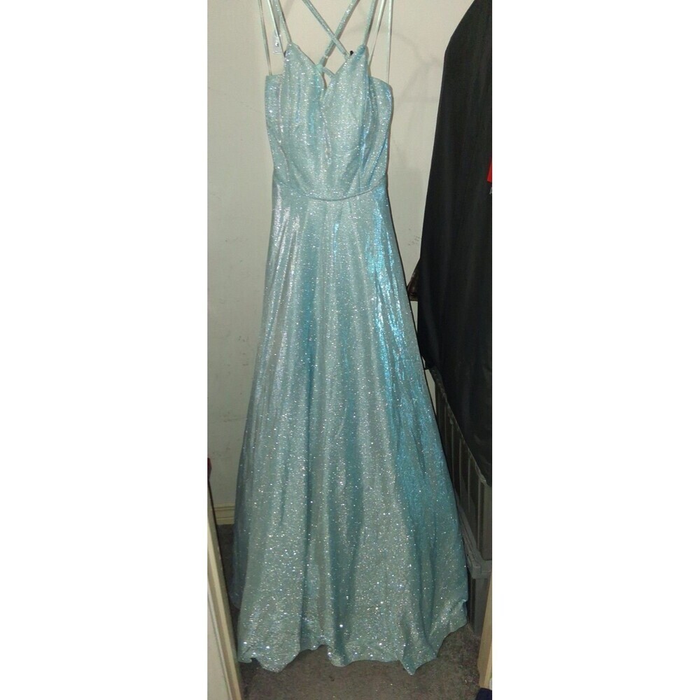 Crystal Doll Light Blue Glitter Gown Backless V-Neck Size 5
